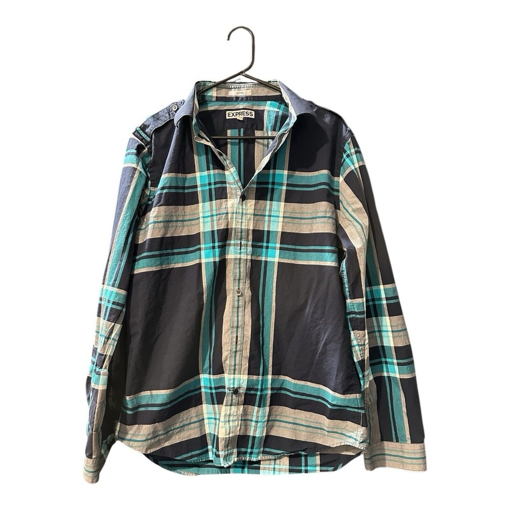 Express Shirt Mens Large Fitted Button Up Long Sleeve Modern Fit Blue Plaid EUC